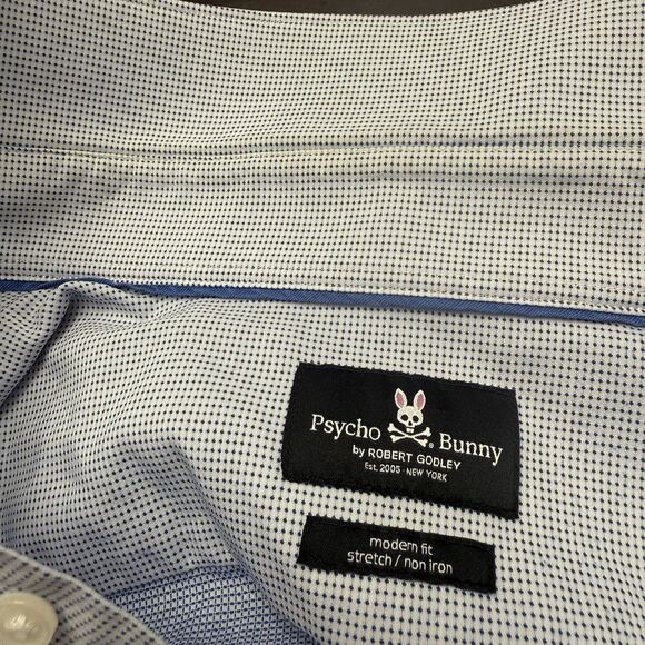 Psycho Bunny Blue White Checkered Print Long Sleeve Mens Size 16.5 x 32/33 - Picture 15 of 15